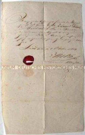 Arbeitsbescheinigung für Eduard Schulze aus Friedersdorf, Kreis Sorau. Ausgestellt vom Brauer-Meister Niklas, Lindau, 1. Oktober 1857