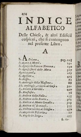 Indice Alfabetico Delle Chiese, & altri Edificii cospicui, che si contengono nel presente Libro