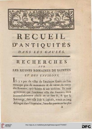 Recherches sur les ruines romaines de saintes et des environs