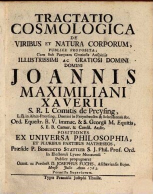 Tractatio Cosmologica De Viribus Et Natura Corporum. 1