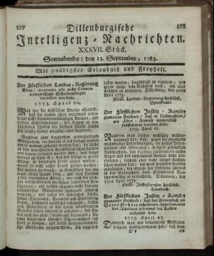 XXXVII. Stück. Sonnabends: den 13. September, 1783.