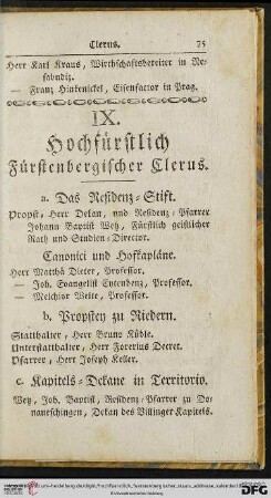 IX Hochfürstlich Fürstenbergischer Clerus