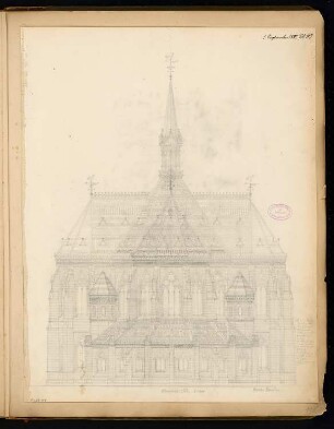Evangelische Kirche, Neuwied Monatskonkurrenz September 1880: Aufriss Choransicht (von Nordosten); Maßstabsleiste, Erläuterungstext