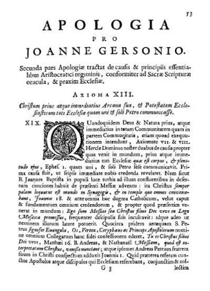 Apologia Pro Joanne Gersonio. Secunda pars Apologiæ tractat de causis & principiis essentialibus Aristocratici [...]