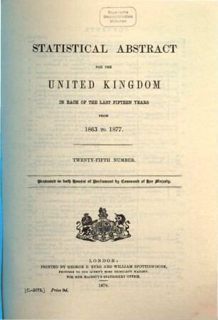 Statistical abstracts for the United Kingdom : for each of the fifteen years. 25. 1863/77. - 1878