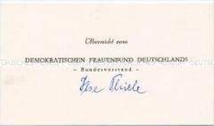 Visitenkarte des Bundesvorstandes des DFD, handsigniert von Ilse Thiele