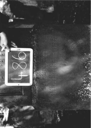 Grabstein 486 (Index: 99895561) Material: Sandstein Zustand: gut Maße HxBxT: 170x54x20 cm Beschreibung: Stele mit Rundbogenabschluss; Sockel Symbolik: vierblättrige Blüte: Grabstein 486 (3)