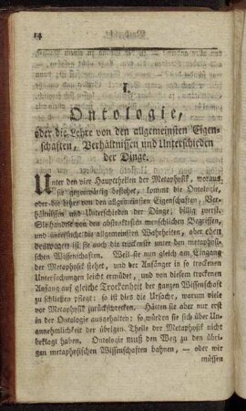 I. Ontologie, oder die Lehre von den allgemeinsten Eigenschaften, Verhältnissen und Unterschieden der Dinge.