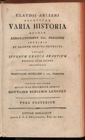 Pars 2: Clavdii Aeliani Sophistae Varia Historia Graece. Pars Posterior