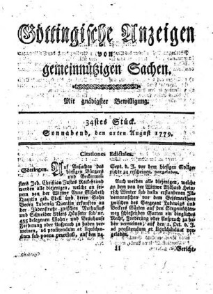 34tes Stück. Sonnabend, den 21ten August 1779.