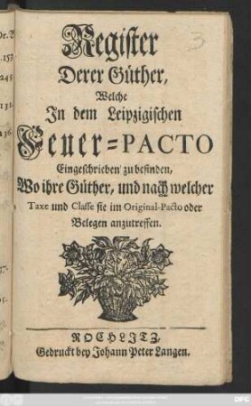 Register Derer Güther, Welche In dem Leipzigischen Feuer-Pacto Eingeschrieben zu befinden, Wo ihre Güther, und nach welcher Taxe und Classe sie im Original-Pacto oder Belegen anzutreffen