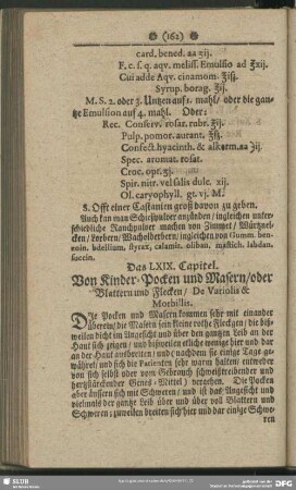 Das LXIX. Capitel. Von Kinder-Pocken und Masern, oder Blattern und Flecken, De Variolis & Morbilis