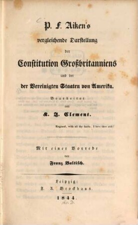 Vergleichende Darstellung der Constitution Großbritanniens und der Vereinigten Staaten von Amerika