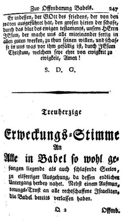 Treuherzige Erweckungs-Stimme An Alle in Babel so wohl gefangen liegende als auch schlafende Seelen, ...