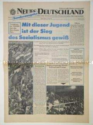 Tageszeitung "Neues Deutschland" zum Triumpfzug während des Deutschlandtreffens der Jugend zu Pfingsten in Berlin