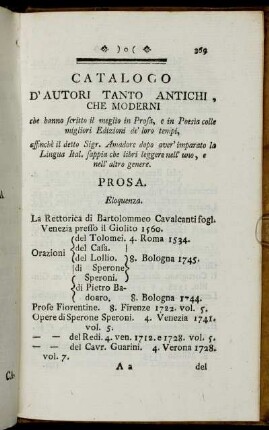Catalogo D'Autori Tanto Antichi, Che Moderni [...]