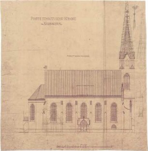 Heilmann & Littmann; München - Neuhausen, Dom- Pedro- Platz; Christuskirche und Pfarrhaus - Nordseite (Ansicht)