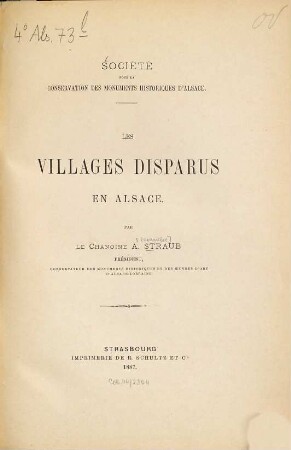 Les villages disparus en Alsace : Société pour la conservation des monuments hist. d'Alsace