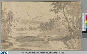 Landschaft mit Burg auf einer Anhöhe