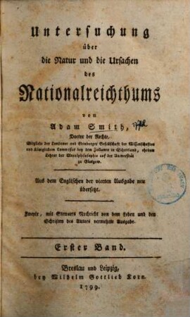 Untersuchung über die Natur u. die Ursachen des Nationalreichthums, 1.