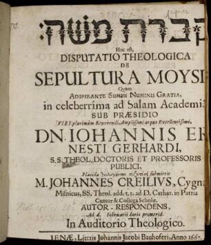 [...] Hoc est, Disputatio Theologica De Sepultura Moysis