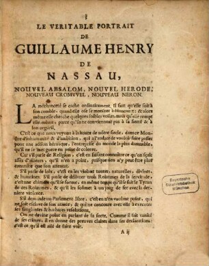 Veritable Portrait de Guillaume Henry de Nassau
