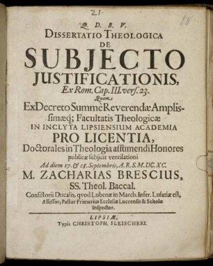 Dissertatio Theologica De Subiecto Iustificationis, Ex. Rom. Cap. III. vers. 23.