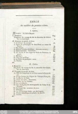 Table des matières du premier volume.