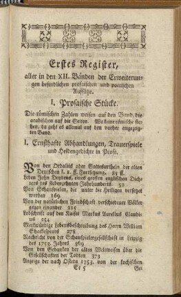 Erstes Register aller in den XII. Bänden der Erweiterungen befindlichen prosaischen und poetischen Aufsätze.