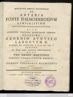 Dispvtatio Medica Inavgvralis De Arteria Fonte Haemorrhoidvm Limpidissimo