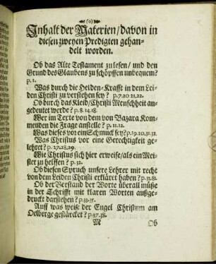 Inhalt der Materien/ davon in diesen zweyen Predigten gehandelt worden.