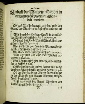Inhalt der Materien/ davon in diesen zweyen Predigten gehandelt worden.