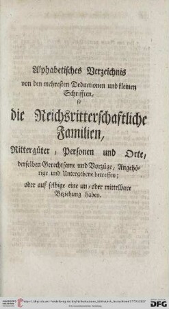 Alphabetisches Verzeichnis von den mehresten Deductionen und kleinen Schrifften [...]