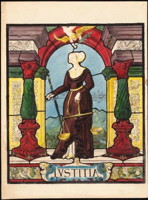 Restaurierung Heidelberger Schloss Friedrichsbau: Ansicht Glasfenster mit Motiven: Justitia