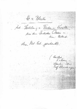 Notiz über Schenkung von Bleeker an das Naturalienkabinett (Fische und Korallen aus dem Indischen Ozean)