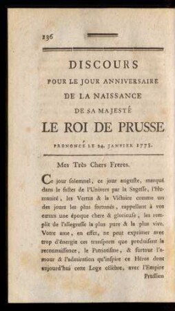 Discours Pour Le Jour Anniversaire De La Naissance De Sa Majesté Le Roi De Prusse Prononcé Le 24. Janvier 1778.