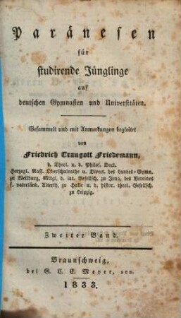 Paränesen für studirende Jünglinge auf deutschen Gymnasien und Universitäten, 2