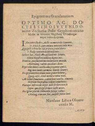Epigramma Gratulatorium Optimo Ac Doctissimo Iuveni, Domino Zachariae Polo Gryphemontano ...