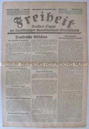 Tageszeitung der USPD Berlin "Freiheit" u.a. zur aktuellen Rolle der USPD