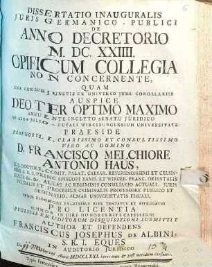 Dissertatio Inauguralis Juris Germanico-Publici De Anno Decretorio MDCXXIIII Opificum Collegia Non Concernente