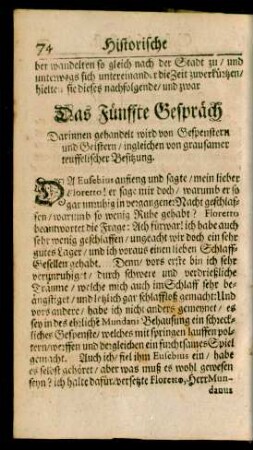 Das Fünffte Gespräch Darinnen gehandelt wird von Gespenstern und Geistern/ ingleichen von grausamer teuffelischer Besitzung.