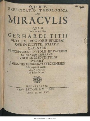 Exercitatio Theologica De Miraculis