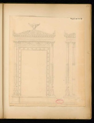 Spiegelrahmen Monatskonkurrenz August 1870: Aufriss Vorderansicht, Seitenansicht; Maßstabsleiste