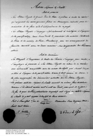 Beitritt Hessens zur Großen Allianz gegen Napoleon. (Geheimartikel, paraphiert Frankfurt)