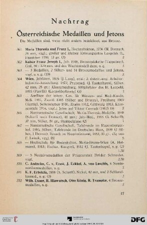 Nachtrag (Österreichische Medaillen und Jetons) (Nr. 361-383)