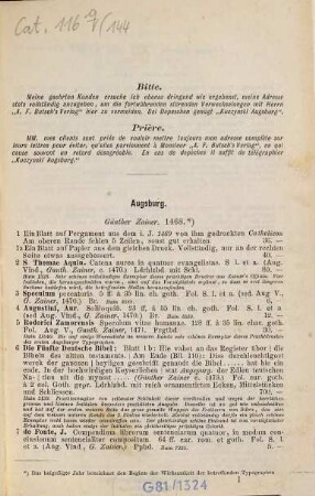 Catalog der ... Antiquariats-Buchhandlung Fidelis Butsch in Augsburg : [Bis Nr. 15.]: Birett, Wilh.: Verzeichniß gebundener Bücher ... = Catal. III, 5. 144