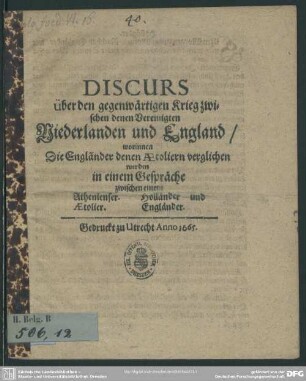 Discurs über den gegenwärtigen Krieg zwischen den Niederlanden und England
