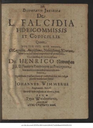 Disputatio Iuridica De L. Falcidia Fideicommissis Et Codicillis