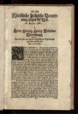 Fürstliche Zellische Verordnung wegen der Pest. de Anno 1680