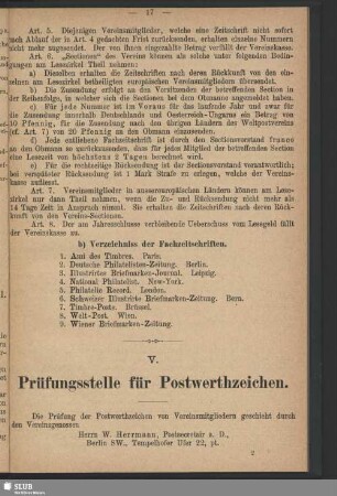 V. Prüfungsstelle für Postwerthzeichen